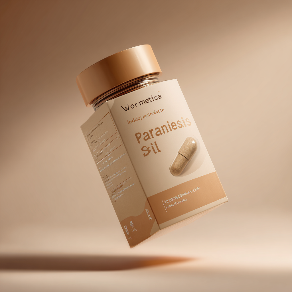 Természetes ParaSilens kapszulák fehér háttéren, gyógynövény kivonatokkal körülvéve, lágy lila fényben